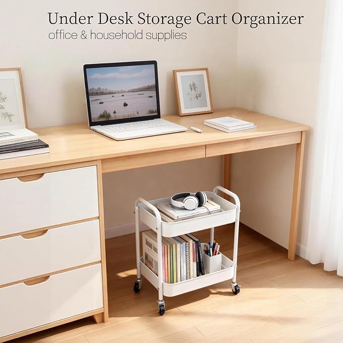 Ufriandz Under Desk Storage Cart 2 Tier Utility Rolling Cart with Wheels, Small Metal Mobile Trolley with Handle Two Tiered Utility Organizer Roller for Kitchen Office Bathroom Pantry Room, White