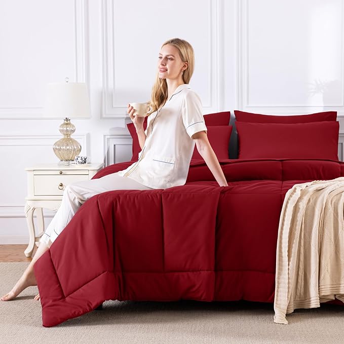 CozyLux Queen Comforter Set Dark Red, 7 Pieces Bed in a Bag, All Season Bedding - Image 7