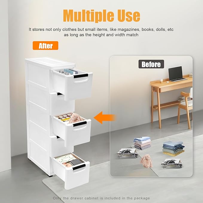 YARDOMGAR 5-Drawer Storage Cabinet with Removable Drawers - 7.87x15.75×33.07in White PP Vertical Plastic Storage Drawers for Toys & Home Decor, 22lbs Capacity (B-White)