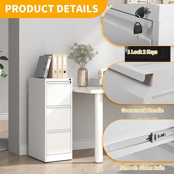 Reegangfa 3 Drawer File Cabinet with Lock, 18" D Metal Vertical Filing Cabinets, Steel File Storage Cabinets for Home Office, Hanging A4 Legal/Letter Size Narrow File Cabinet, Assembly Required