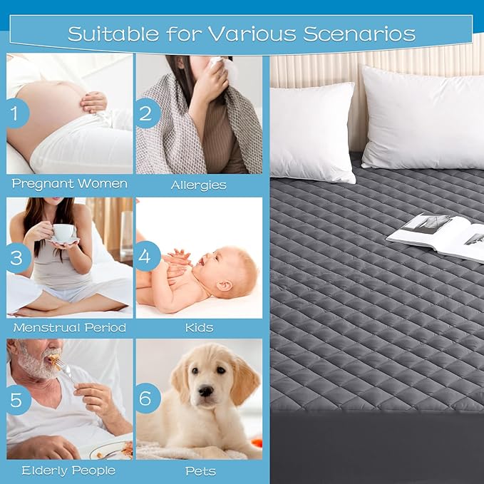 GRT Full Size Grey Quilted Fitted Mattress Pad, 100% Waterproof Breathable - Image 5