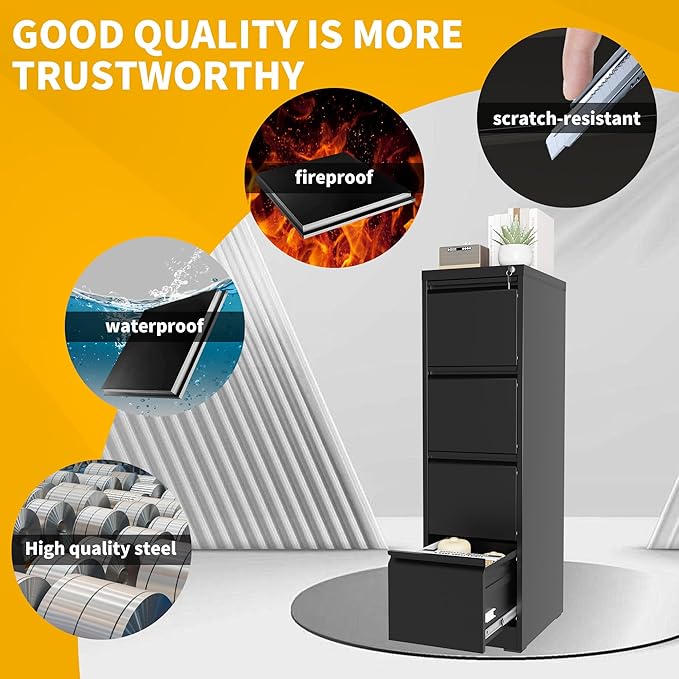 Reegangfa 4 Drawer File Cabinet with Lock, 18" D Metal Vertical Filing Cabinets, Steel File Storage Cabinets for Home Office, Hanging A4 Legal/Letter Size Narrow File Cabinet, Assembly Required