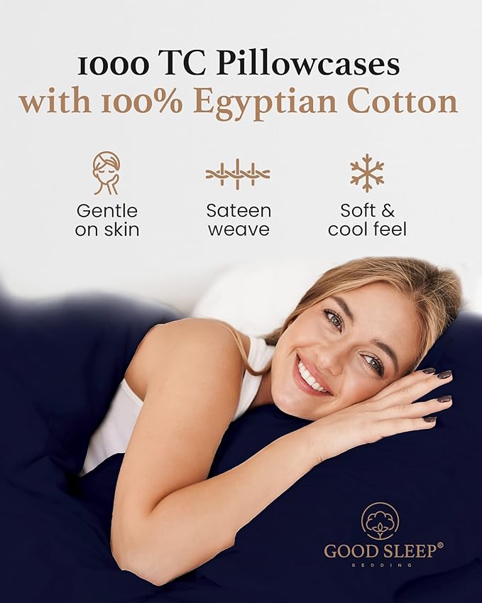 1000 TC Navy Blue Standard Pillowcases Set of 2 100% Egyptian Cotton Pillow - Image 4