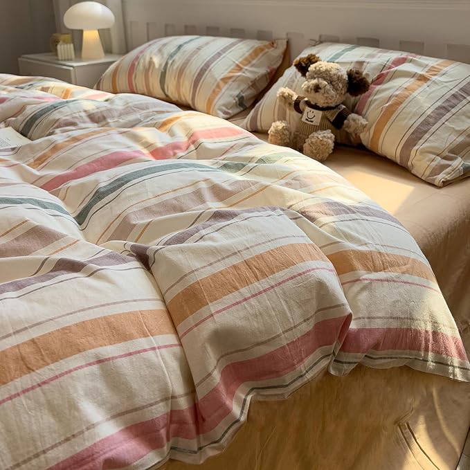mixinni Vintage Striped Duvet Cover Set King, 3-Piece 100% Washed Cotton by mixinni
