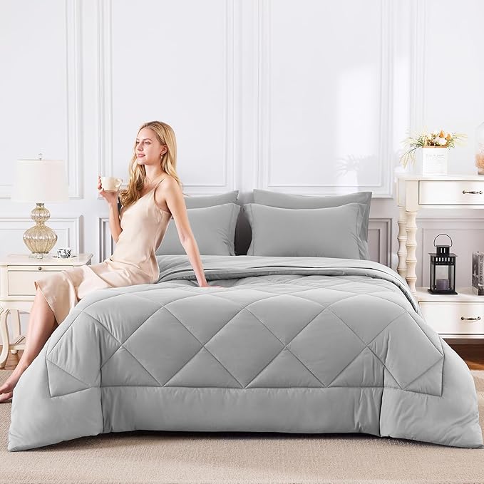 CozyLux Queen Comforter Set Light Grey - Image 7