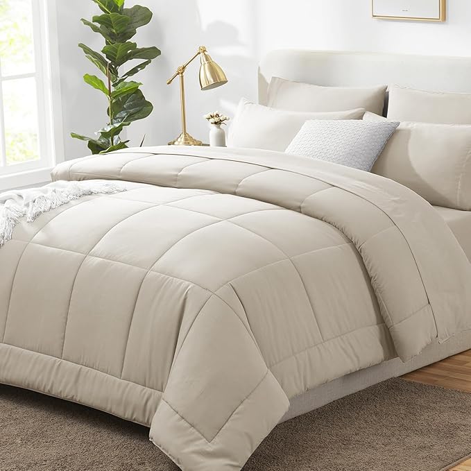 CozyLux Oversized Queen Comforter Sets Beige, 7 Pieces Bed in a Bag, Ultra-Soft by CozyLux
