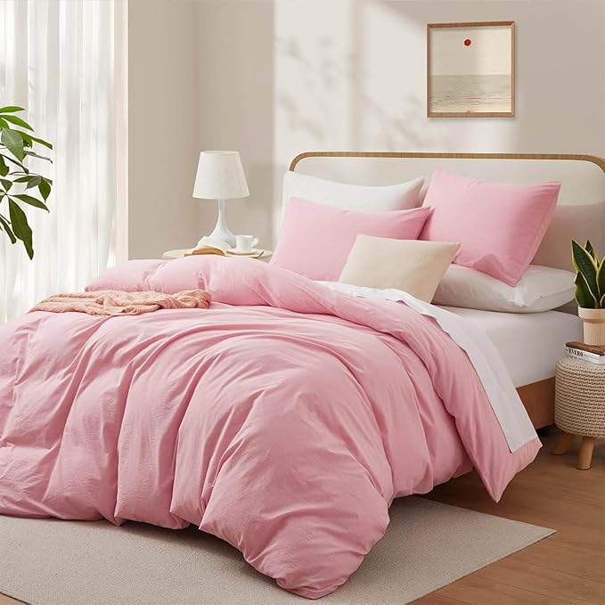 LOVQUE Pink Cotton Duvet Cover King Size, Linen Like Natural Bedding Set - Image 2
