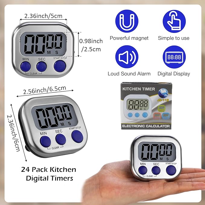 Leumoi 24 Pcs Digital Kitchen Timers Magnetic Back Timers Bulk Large Screen Loud Alarm On/Off Switch Minute Second Count up Countdown Memory Setting for Cooking Classroom Exercise (Sliver and Blue)