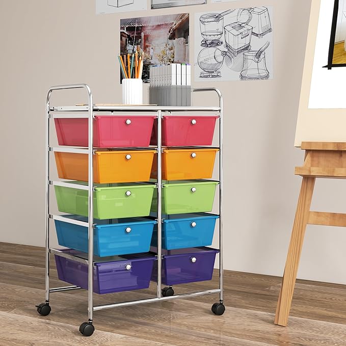 GOFLAME 10-Drawer Rolling Storage Cart, Art Craft Storage Organizer on Wheels, Multipurpose Movable Utility Cart for School, Office and Home, Rainbow