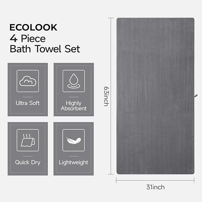 ecolook 4 Pack Microfiber Bath Towels, 31 x 63 inches Extra Large Bath Towel Set - Image 3
