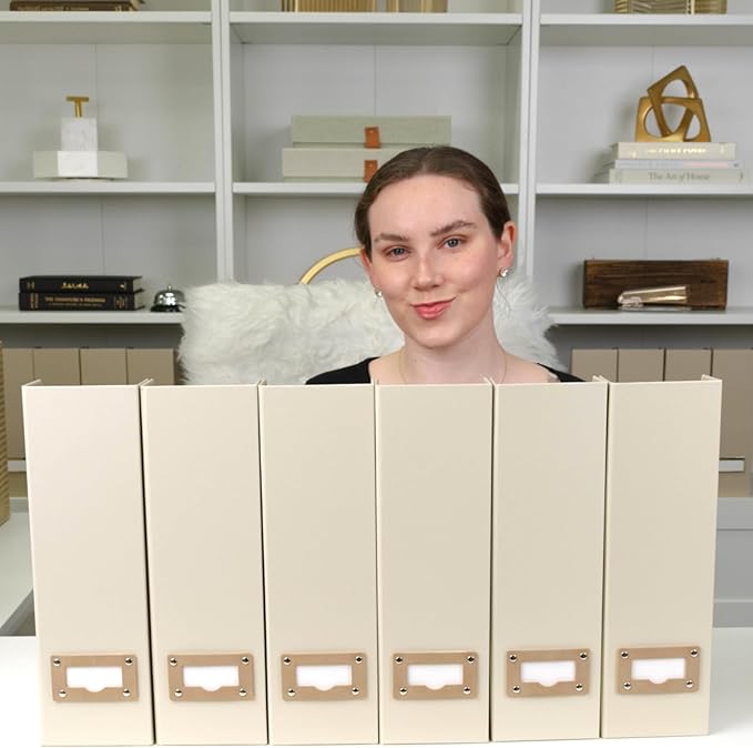 BLU MONACO | Cardboard Magazine File Holder Set of 6 | Vertical Magazine File Holder with Label Slots | Beige Linen Foldable File Organizers for Desk Shelf Office
