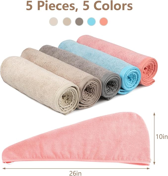 AIDEA Microfiber Hair Towel Wrap, 5 Pack Hair Turbans, Super Absorbent Quick - Image 3