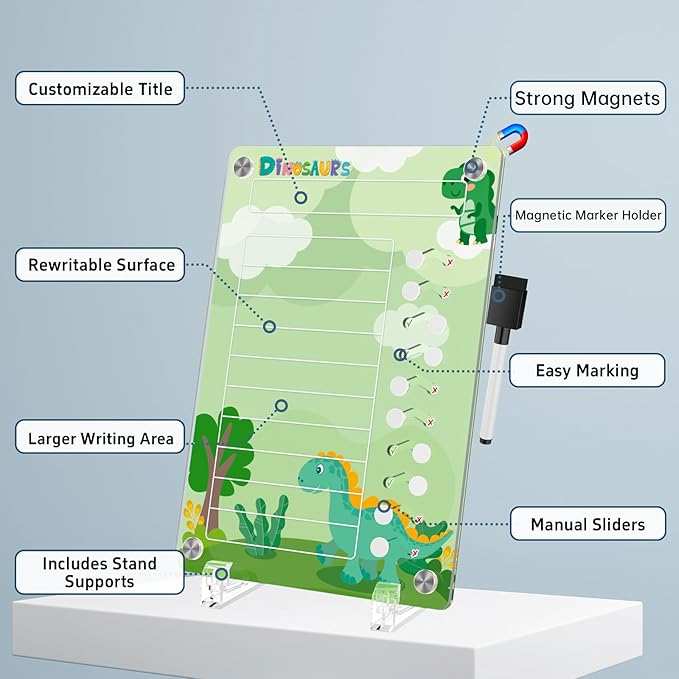 NiHome Acrylic Magnetic To Do List Planning Board with Sliders & Desktop Stand, Kids Chore Chart, Checklist Routine Chart Task Board for Fridge & Desk, For Magnetic Metal Surfaces Only(Green Dinosaur)