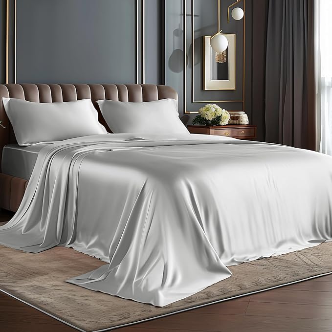 BEDELITE King Size Sheets Set, Luxury Soft Grey Satin Sheets by BEDELITE