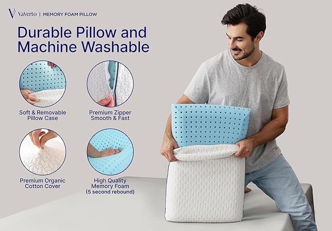 Vaverto Memory Foam Pillow 2-Pack – Cooling Gel-Infused Orthopedic Pillows - Image 3