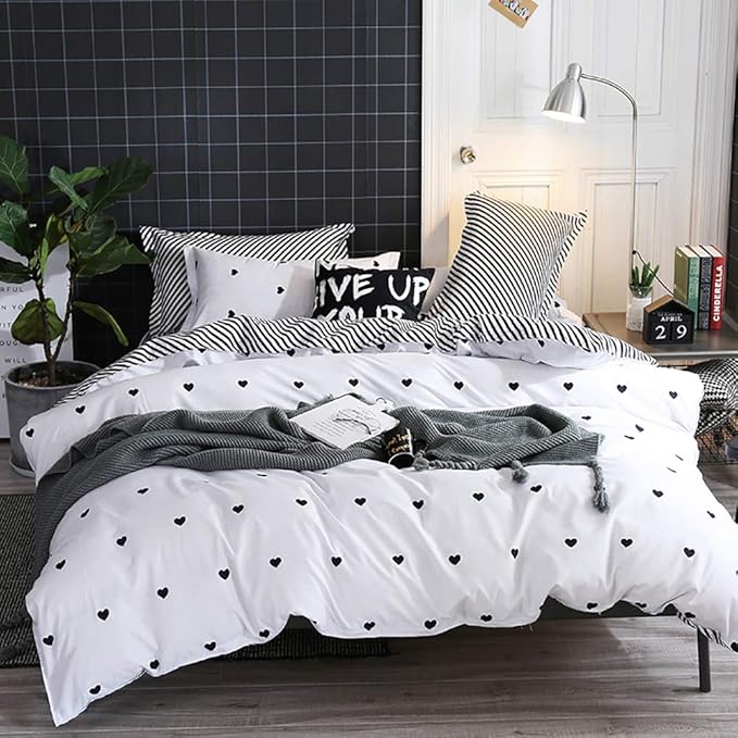 Omelas Kids Heart Love Queen Duvet Cover Set Black and White Teens Girls Lovely - Image 2