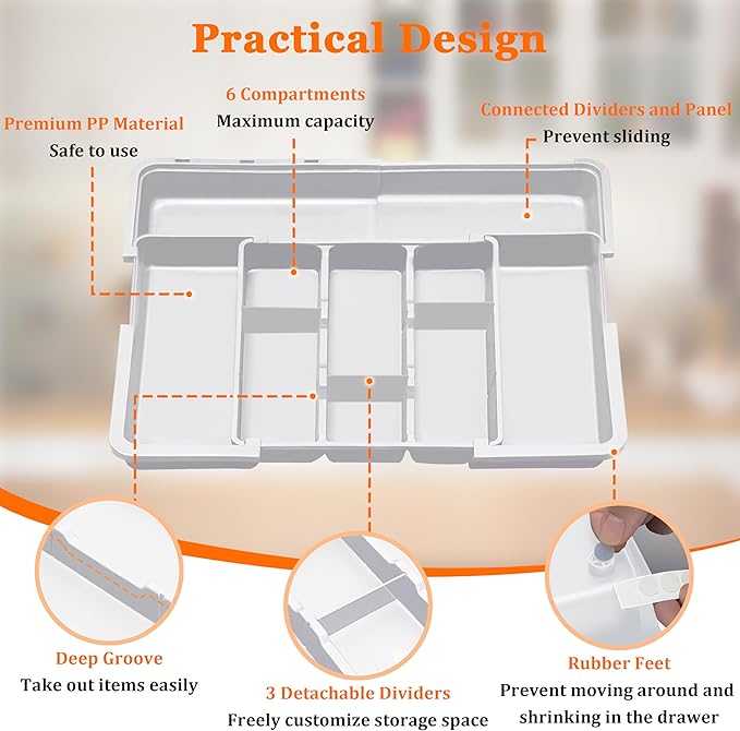 Spaclear Large Utensil Drawer Organizer Expandable Silverware Organizer for Kitchen Drawer Adjustable Cooking Utensil Holder Cutlery Flatware Tray Spatula Tools Gadgets Storage Dividers Plastic White