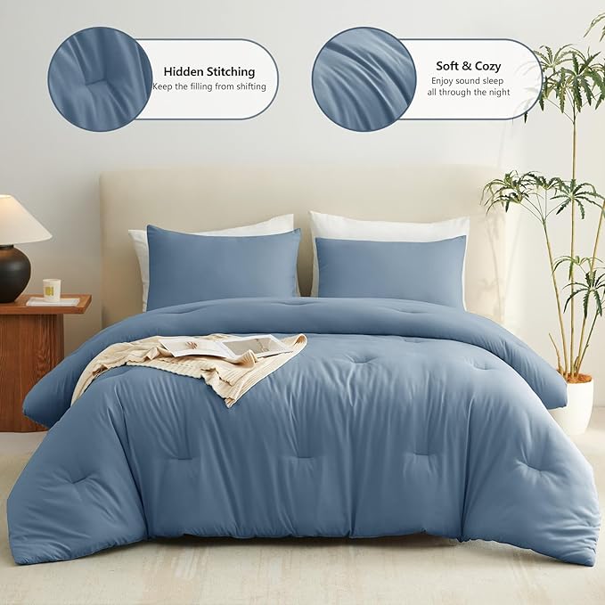 CozyLux Queen Comforter Set Grayish Blue, 3 Pieces Solid Comforters Queen Size - Image 2