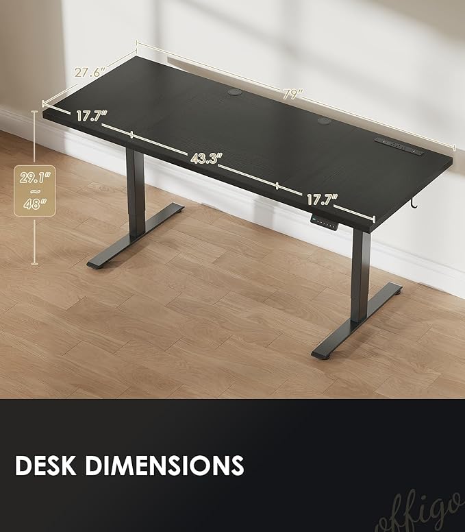 OffiGo 79 Inch Executive Electric Standing Desk, Height Adjustable Desk with Power Outlet & 1.38" Thick 3-Piece Desktop, Sit Stand Computer Desk for Home, Office, Conference Room, Black