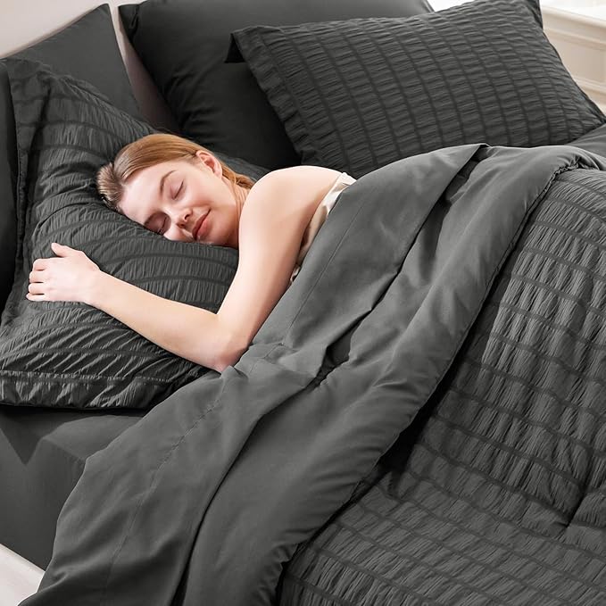 CozyLux King Size Comforter Set Dark Grey Seersucker 7 Pieces Bed in a Bag King - Image 5