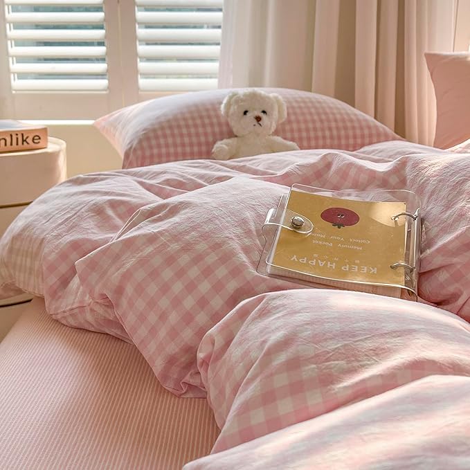 mixinni Light Pink Gingham Duvet Cover Set Queen Size - Image 7