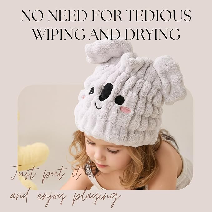Microfiber Hair Towel Wrap for Kids, Koala Dry Hair Cap Suck Water, Absorbent - Image 4