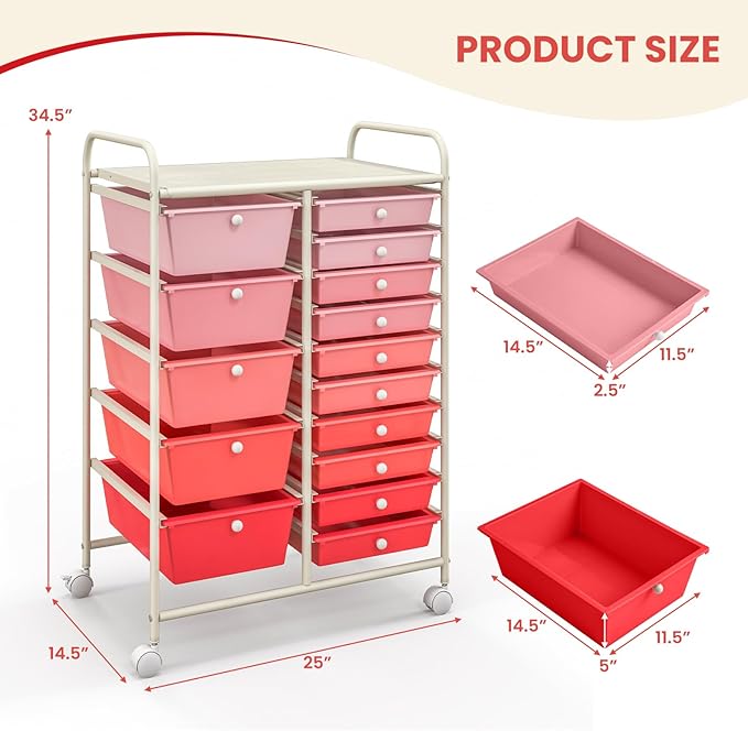 GOFLAME 15-Drawer Rolling Storage Cart, Craft Storage Cart with Removable Drawers & Lockable Wheels, Art Cart Supply Storage Organizer for Home Office Classroom, Pink Gradient