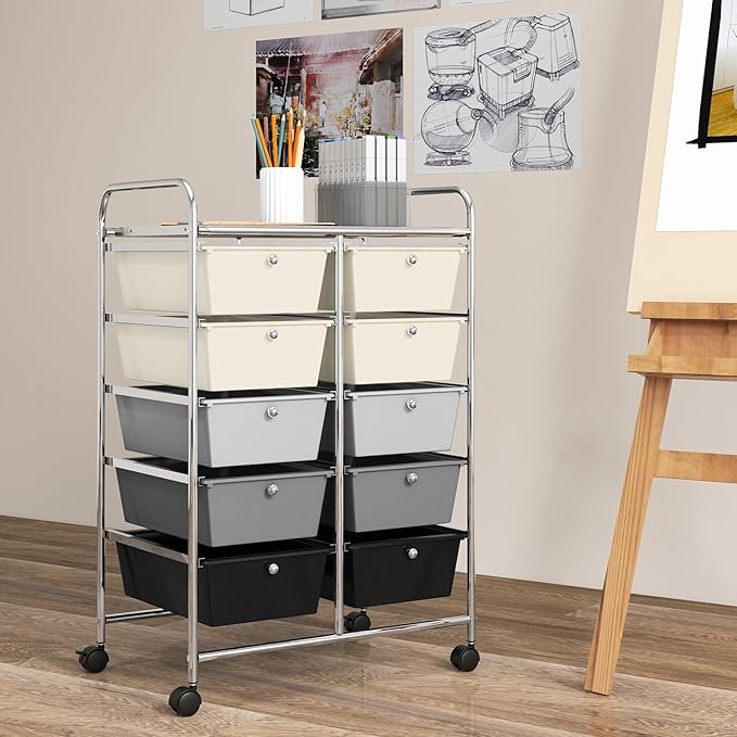 GOFLAME 10-Drawer Rolling Storage Cart, Art Craft Storage Organizer on Wheels, Multipurpose Movable Utility Cart for School, Office and Home, Grey Gradient