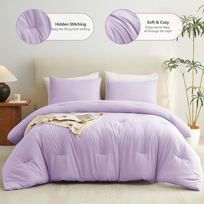 CozyLux Twin Comforter Set Lavender, 2 Pieces Twin Extra Long Solid Breathable - Image 2