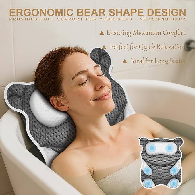 Bath Pillow for Tub Ergonomic Bear Shape Design Bath Pillow for Head and Neck - Image 2