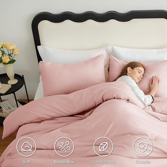 CozyLux California King Comforter Set Blush Pink, 3 Pieces Cal King Solid - Image 5