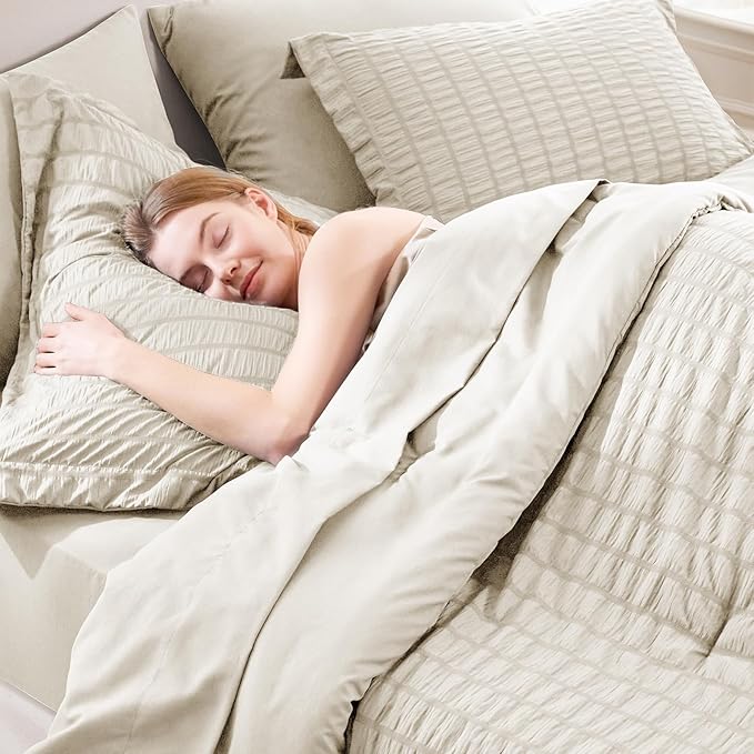 CozyLux King Size Comforter Set Oatmeal Seersucker 7 Pieces Bed in a Bag King - Image 7