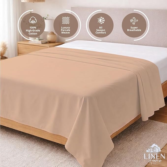 Linen Home 100% Cotton Percale 1 Flat Sheet, Queen Size - Image 2