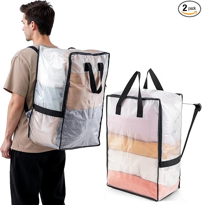 TAILI 2 Pack Clear Moving Bags w/Adjustable Backpack Straps, Moving Supplies, Moving Boxes Alternative, Heavy Duty Storage Totes for College Packing, Camping Backpack for Travel, Dorm, Laundry