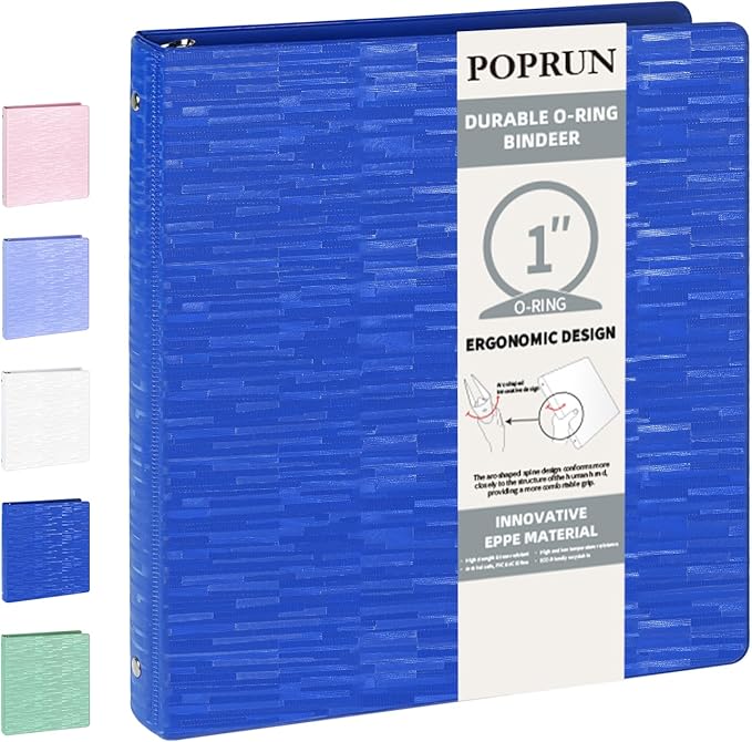 POPRUN 3 Ring Binder 1 Inch, PVC-Free, Holds 175 Sheets of 8.5 x 11 Paper, Extra Durable Organizer with 2 Pockets for School & Office, Heavy-Duty, 1 Pack, Prussian Blue