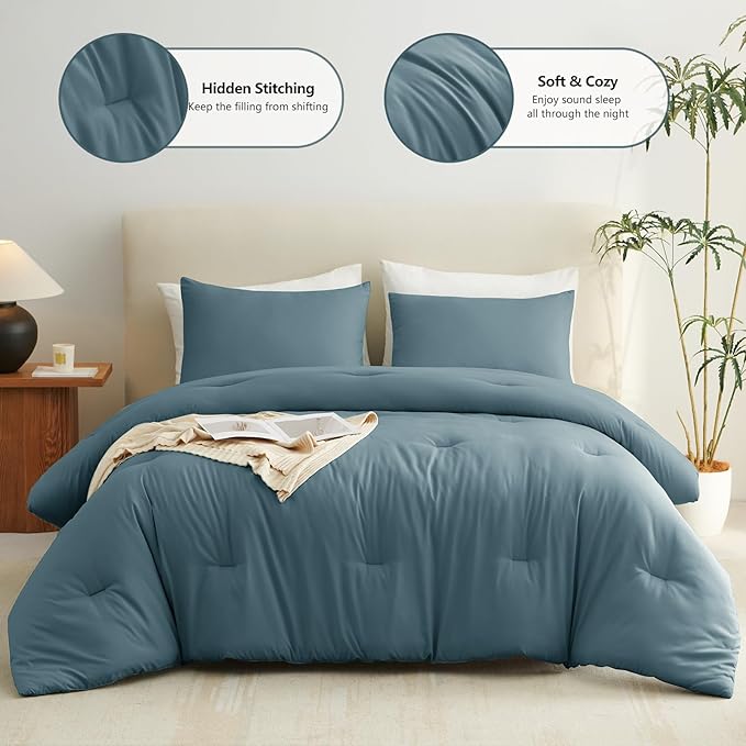 CozyLux Queen Comforter Set Mineral Blue, 3 Pieces Solid Comforters Queen Size - Image 2