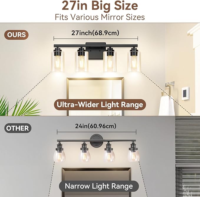 VerRon 4 Lights Bathroom Light Fixtures, Matte Black Modern Vanity Lights Over - Image 6