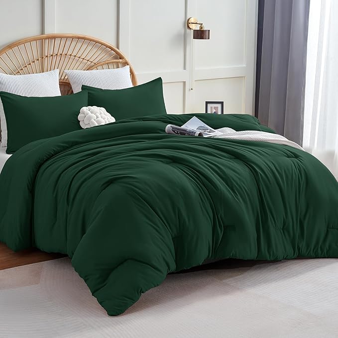 CozyLux Dark Emerald Green Queen Comforter Set, 3 Pieces Solid Breathable by CozyLux