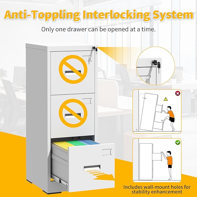 Reegangfa 3-Drawer File Cabinet with Lock, Metal Vertical Filing Cabinets for Home Office, Lockable Narrow Heavy-duty Steel Storage Cabinet with Tag,Hanging Letter/Legal/A4Size,Assemble Required,White