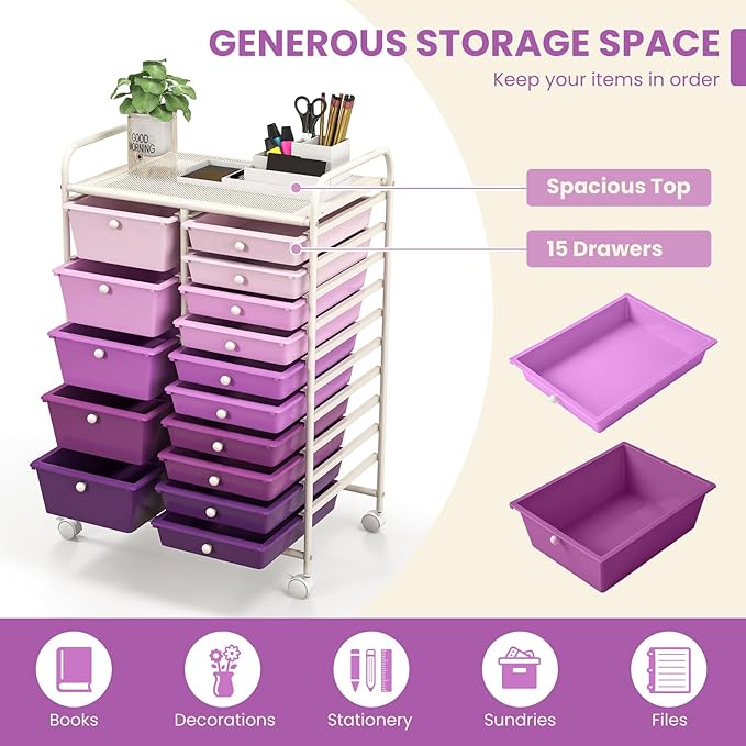 HAPPYGRILL 15-Drawer Rolling Cart, Storage Carts with Removable Drawers & Steel Frame, Utility Cart on Lockable Wheels for Home, School, Office (Purple Gradient)