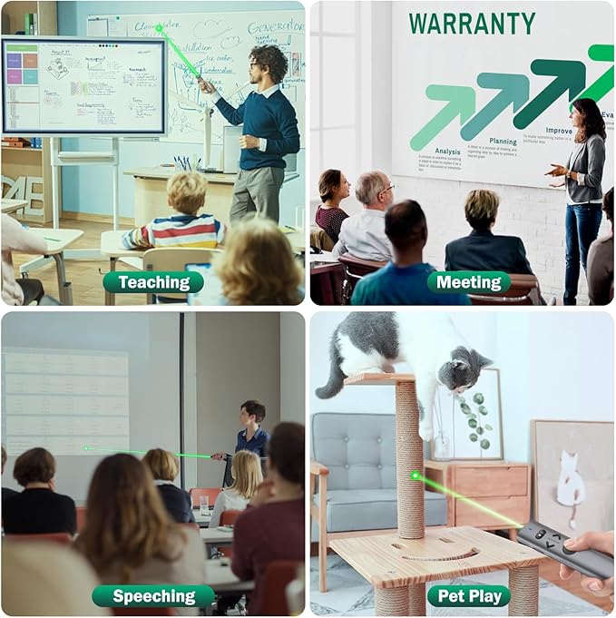 Wireless Presentation Clicker with Green Light Pointer, Clicker for Powerpoint Presentations with Volume Control, Rechargeable Long Range Presenter for Google Slide Keynote PC