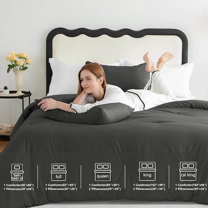 CozyLux King Size Comforter Set Dark Grey, 3 Pieces Solid Comforters King Size - Image 7