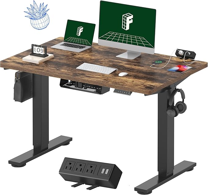 FLEXISPOT EN2 Whole-Piece Standing Desk with Clamp Power Strip, 48 x 30 Electric Stand Up Height Adjustable Desk with Cable Management (Black Frame + 48" Rustic Brown Desktop, 2 Packages)