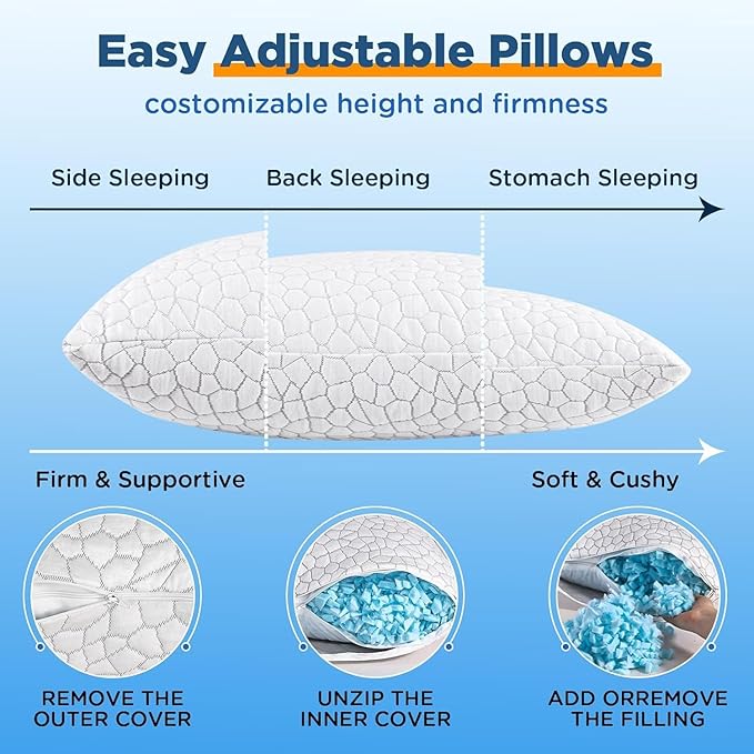 Cooling Pillows Queen Size Set of 2 Shredded Memory Foam Pillows - Image 8