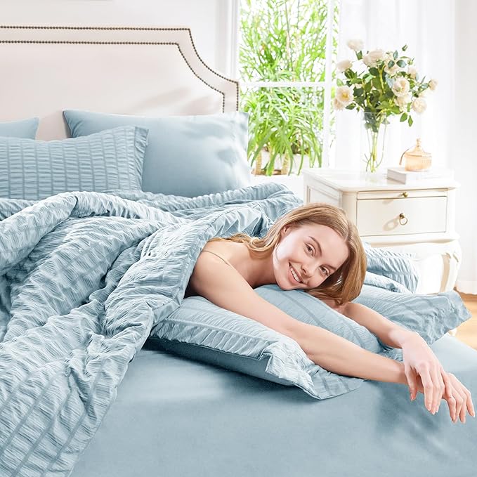CozyLux King Size Comforter Set Light Blue Seersucker 7 Pieces Bed in a Bag - Image 7