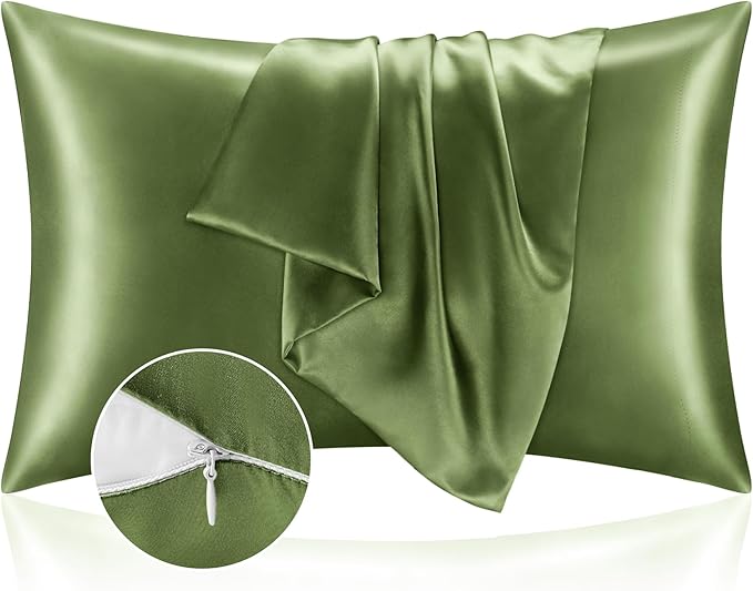 BEDELITE Satin Pillowcase with Zipper 2 Pack, Cedar Green Pillow Cases Standard by BEDELITE