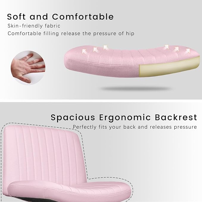 PUKAMI Criss Cross Chair with Wheels,Fabric Padded Armless Cross Legged Office Desk Chair for Home Office,Modern Swivel Height Adjustable Wide Seat Computer Task Vanity Chair(Pink)