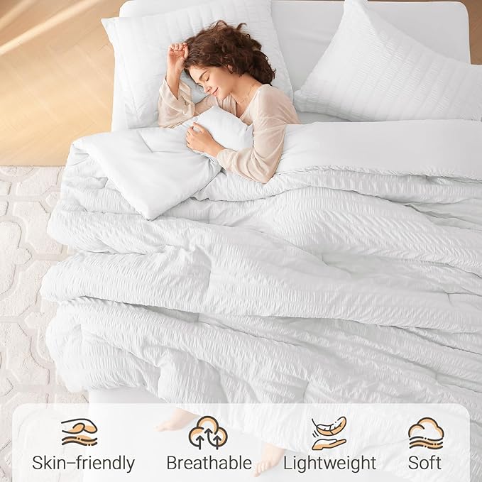 MUXHOMO 7 Pieces Queen Comforter Set, Seersucker Bed in a Bag Queen Size - Image 2