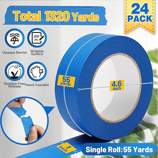 Aheroi Painters Masking Tape, 120℃/24 Rolls Blue Painting Tape Automotive Masking Tape Bulk (1320yd=24*1in*55yd), Multi-Purpose Thin Painter's Tape for Home Auto Paint Craft DIY, Construction Site Use