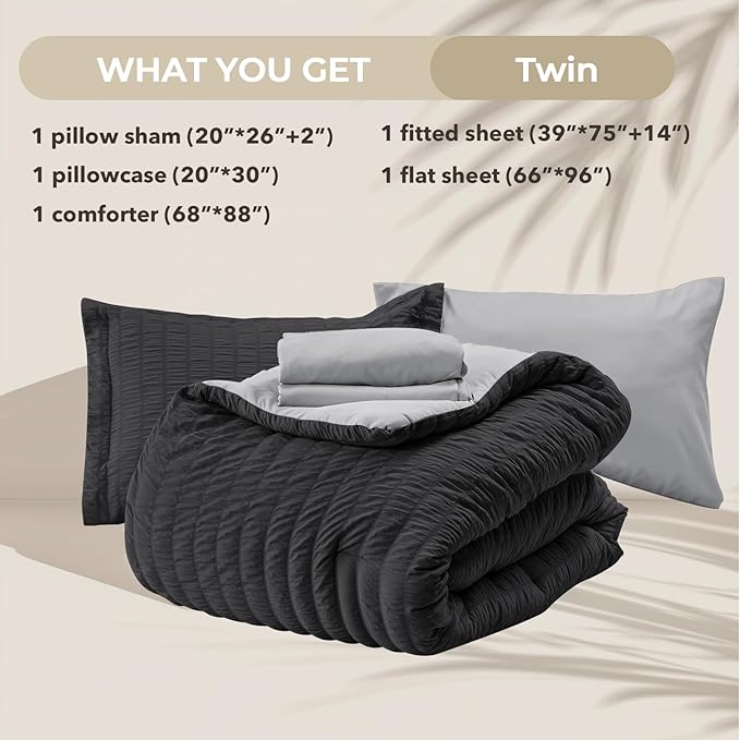 HYMOKEGE Black/Light Grey Twin Comforter Set Seersucker 5 Pieces, All Season - Image 5